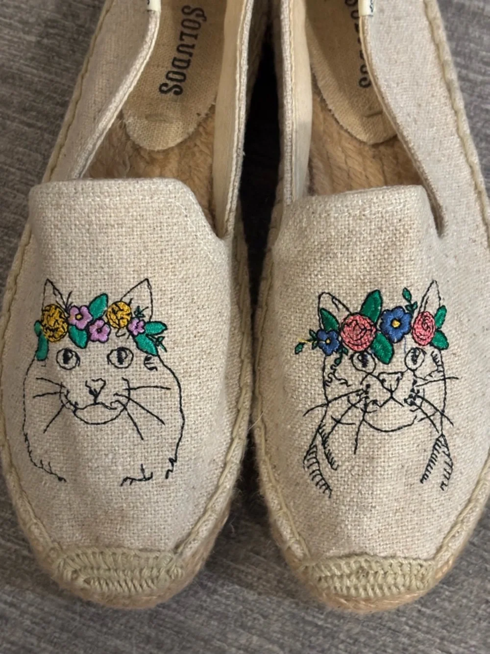 Soludos Spirit Animal Cat Floral Smoking Espadrilles Beige size 6